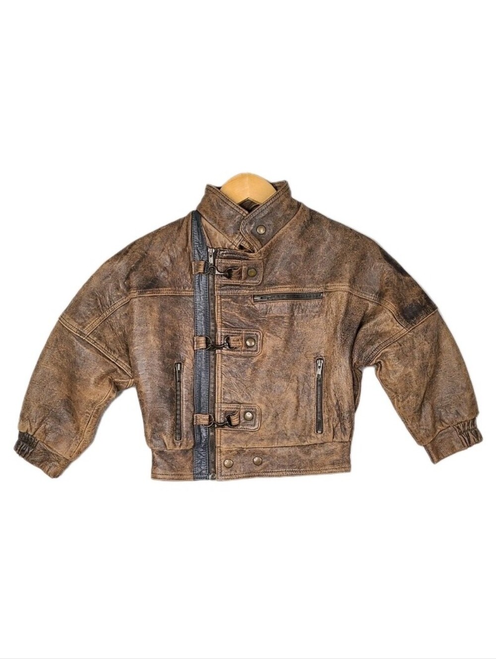 Vintage 80s Kids Youth Small Leather Jacket Fireman's Latch Indiana Jones Patina